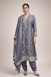 Slate Grey Embroidered Kurta Set with Dupatta