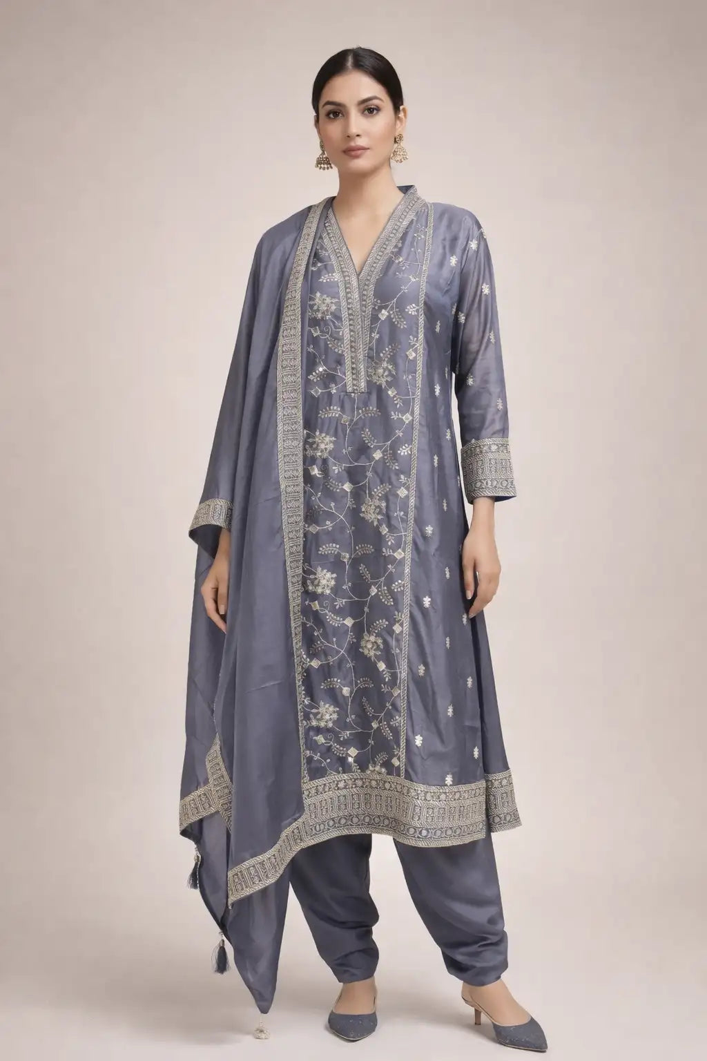 Slate Grey Embroidered Kurta Set with Dupatta