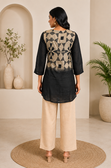 Black & Beige Geometric Print Silk Short Kurti