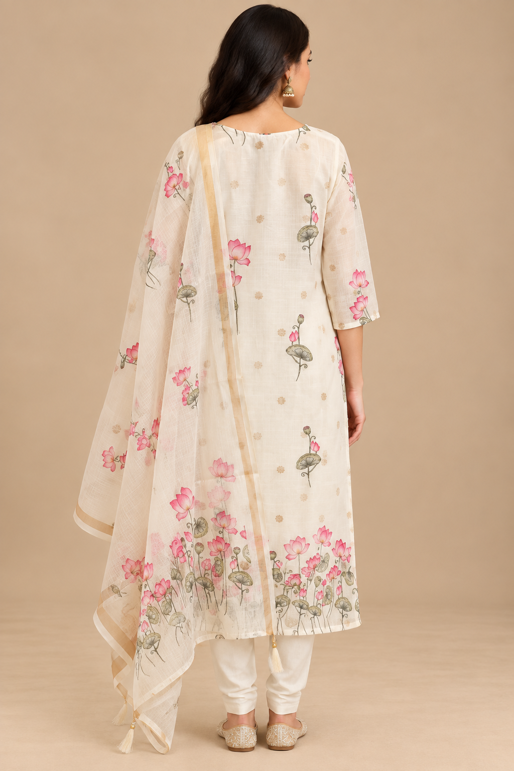 Ivory Floral Printed Kurta Set with Dupatta