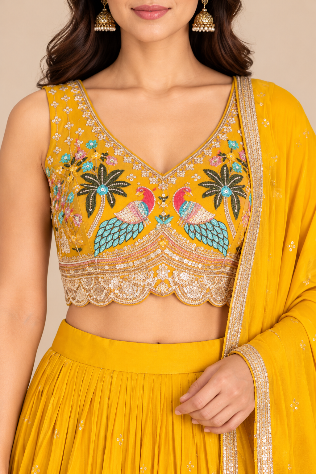 Mustard Yellow Lehenga Choli with Colorful Peacock Embroidery and Dupatta