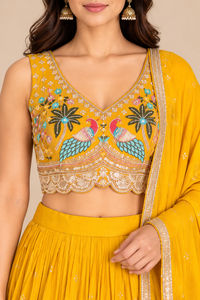 Mustard Yellow Lehenga Choli with Colorful Peacock Embroidery and Dupatta