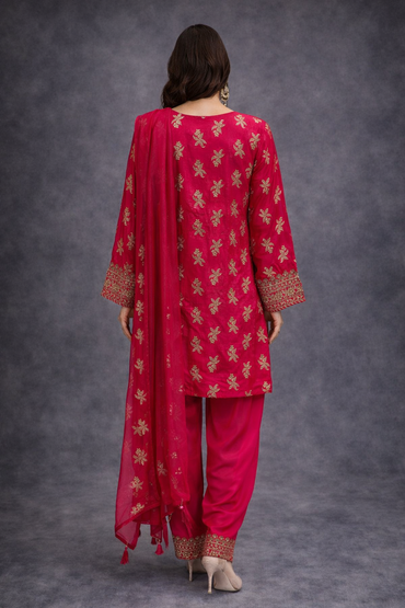 Hot Pink Embroidered Silk Kurta Sharara Set with Dupatta for Women