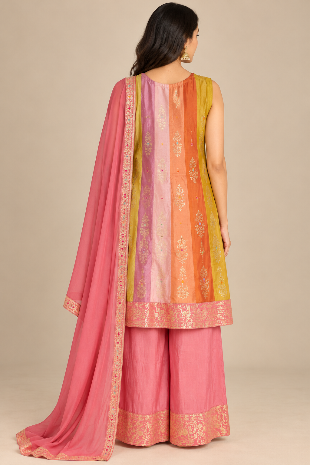 Coral Pink Multicolour Embroidered Kurta Palazzo Set with Dupatta