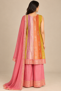 Coral Pink Multicolour Embroidered Kurta Palazzo Set with Dupatta