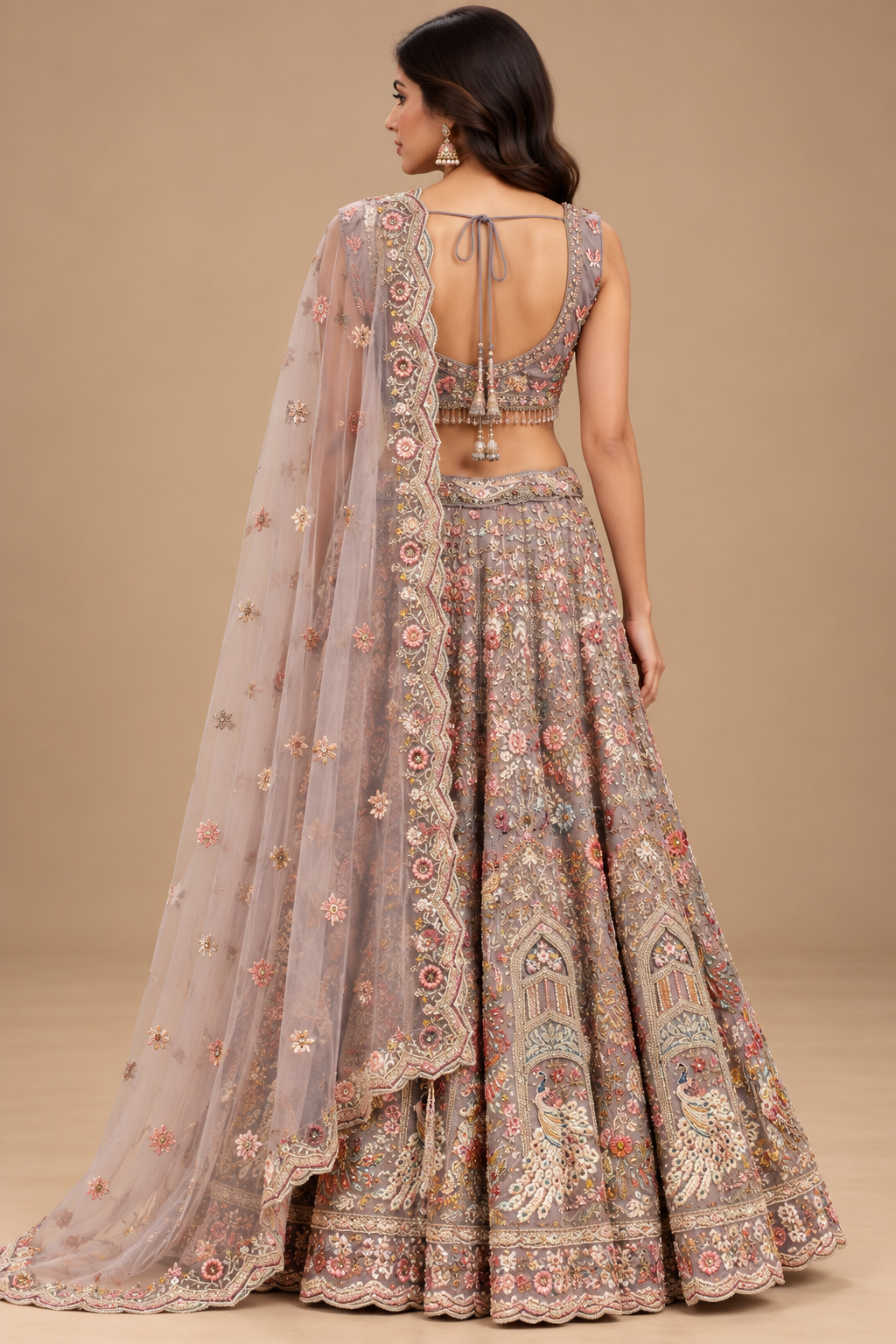 Dusty Rose Floral Embroidered Lehenga Set with Dupatta