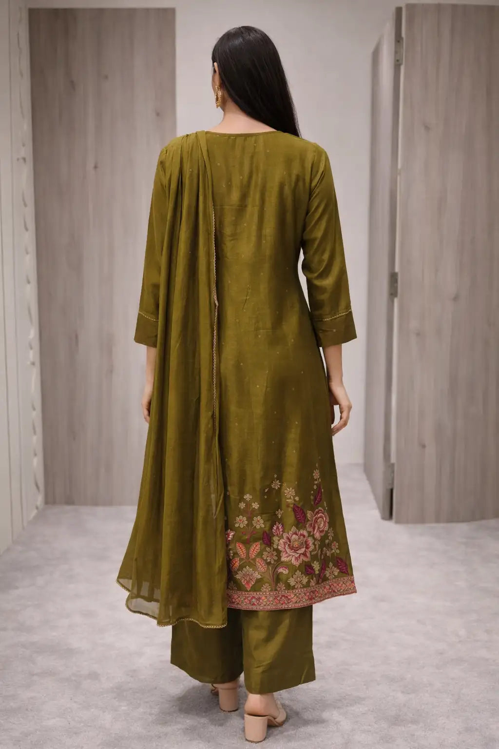 Olive Green Floral Embroidered Kurta Set with Dupatta
