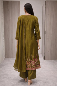Olive Green Floral Embroidered Kurta Set with Dupatta