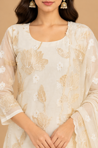 Ivory Floral Embroidered Straight-Cut Suit Set with Dupatta