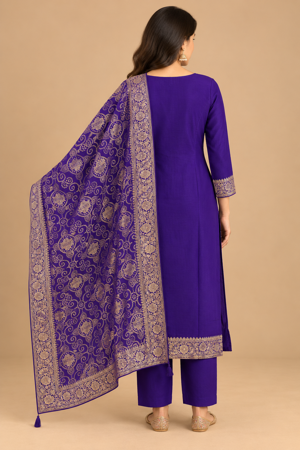 Royal Purple Embroidered Kurta Pant Set with Ornate Printed Dupatta