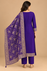 Royal Purple Embroidered Kurta Pant Set with Ornate Printed Dupatta