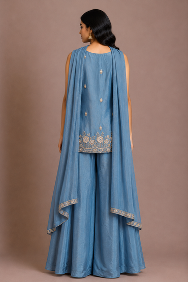 Powder Blue Tissue Embroidered Sharara Set