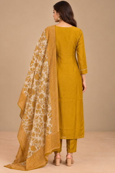 Mustard Yellow Embroidered Kurta Set with Floral Dupatta