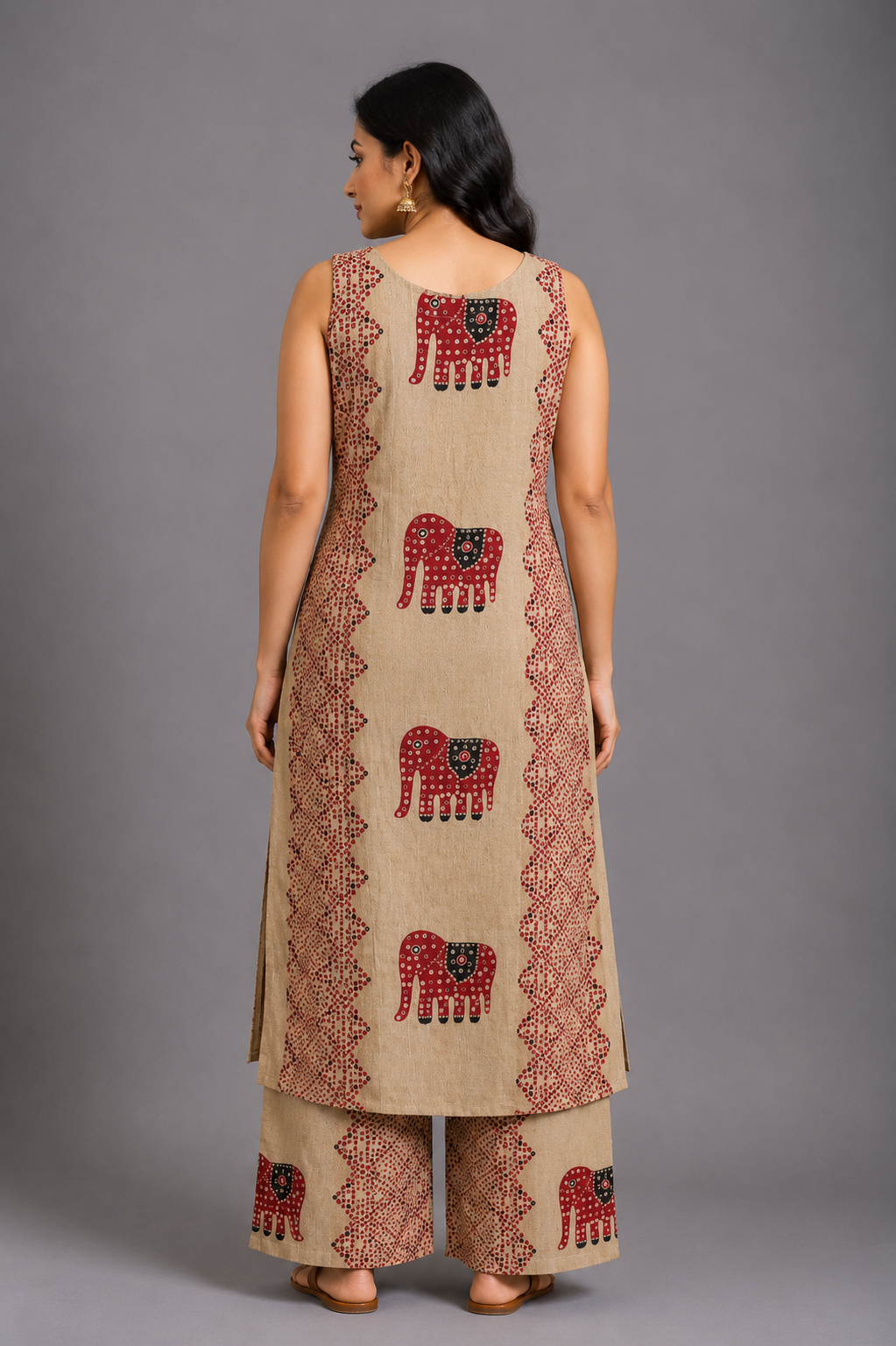 Beige Elephant Print Kurta Palazzo Set with Tassel Detailing