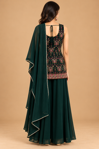 Emerald Green Embroidered Kurta Set with Flared Palazzo and Dupatta