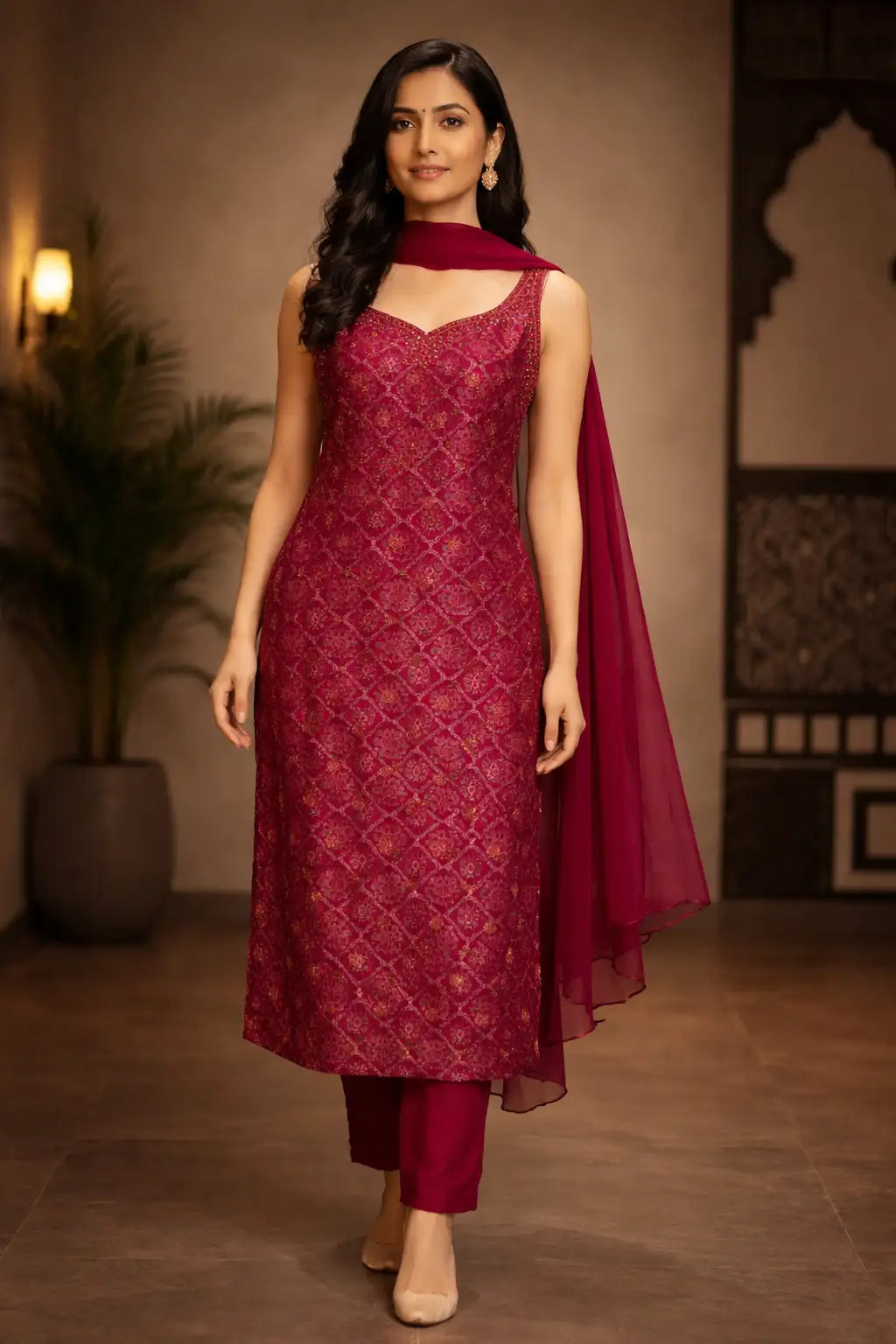 Wine Red Jacquard Kurta Set with Dupatta