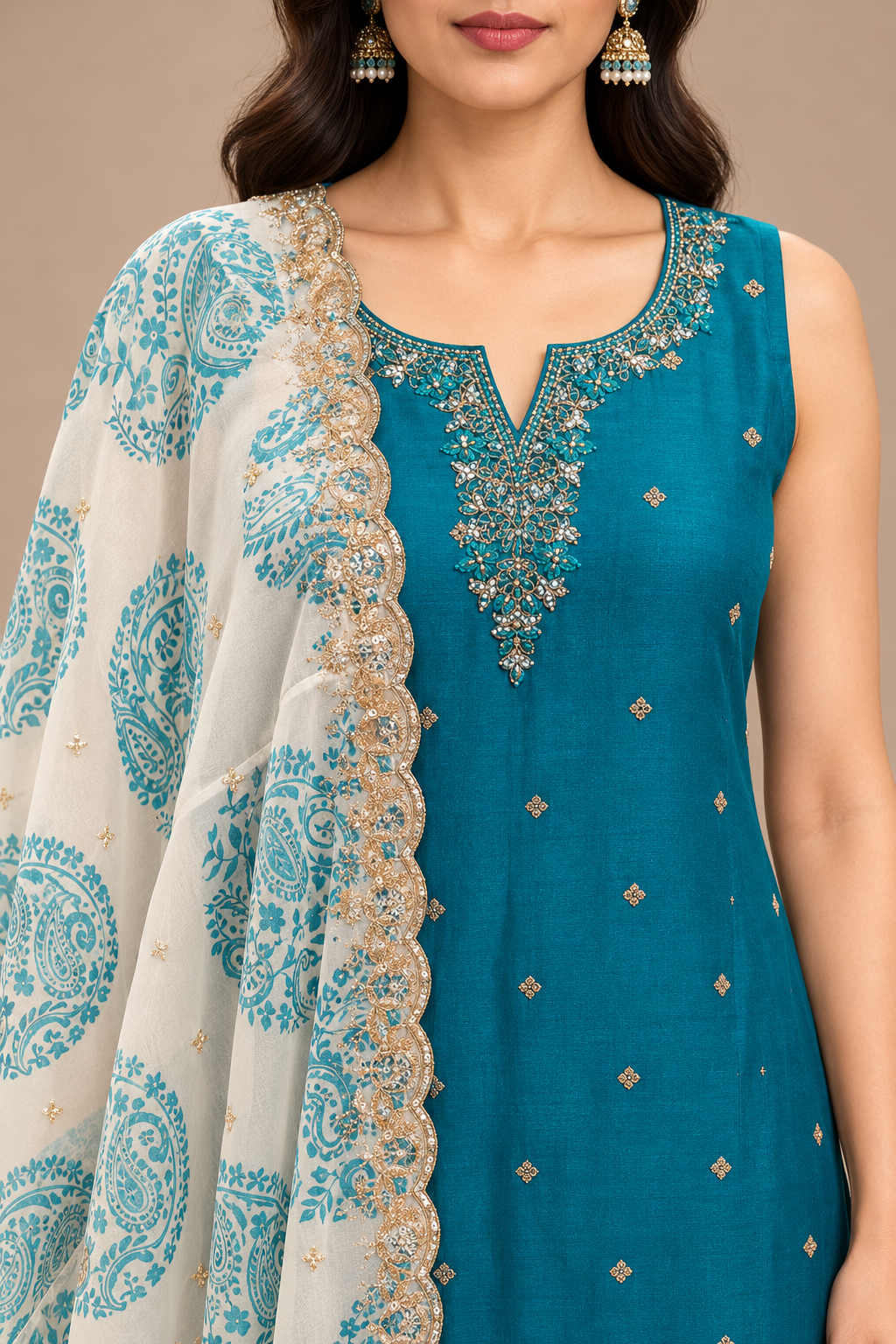 Teal Blue Embroidered Straight Kurta Pant Set with Printed Dupatta