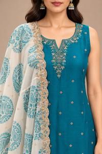 Teal Blue Embroidered Straight Kurta Pant Set with Printed Dupatta