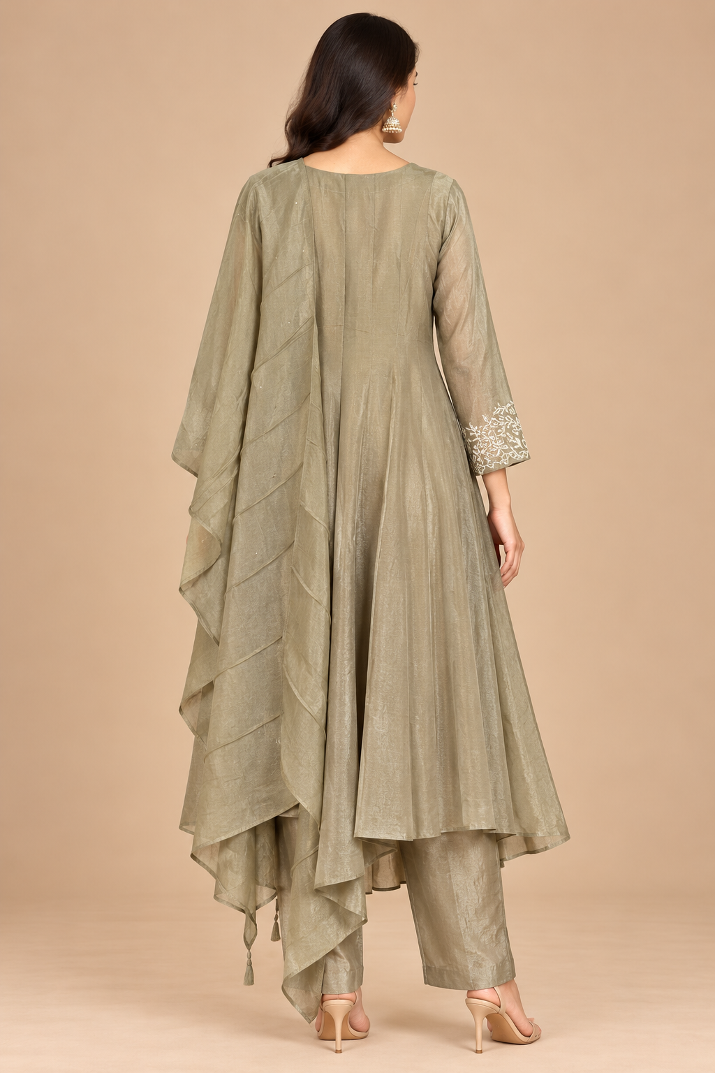 Olive Grey Embroidered Anarkali Suit with Dupatta for Women