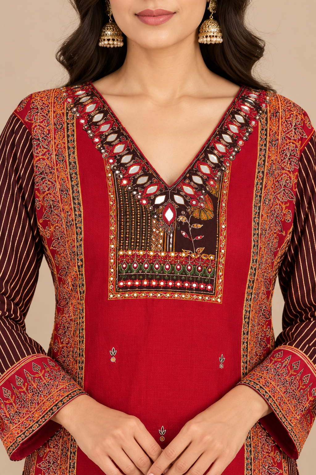 Red Printed Straight Kurta Set with Maroon Palazzo Pants for Women