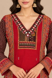 Red Printed Straight Kurta Set with Maroon Palazzo Pants for Women