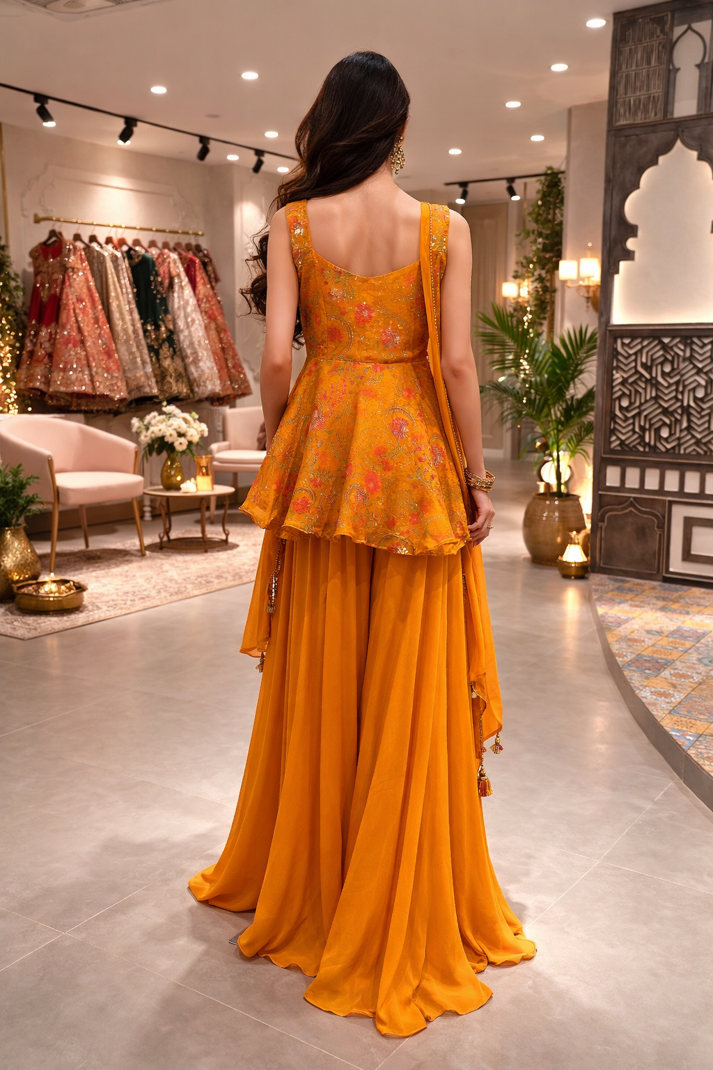 Mustard Yellow Embroidered Silk Peplum Sharara Set with Dupatta for Women