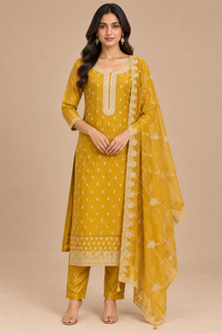 Mustard Gold Tissue Silk Embroidered Straight-Cut Suit Set