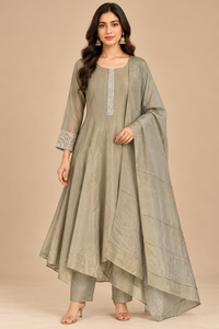 Olive Grey Embroidered Anarkali Suit with Dupatta for Women