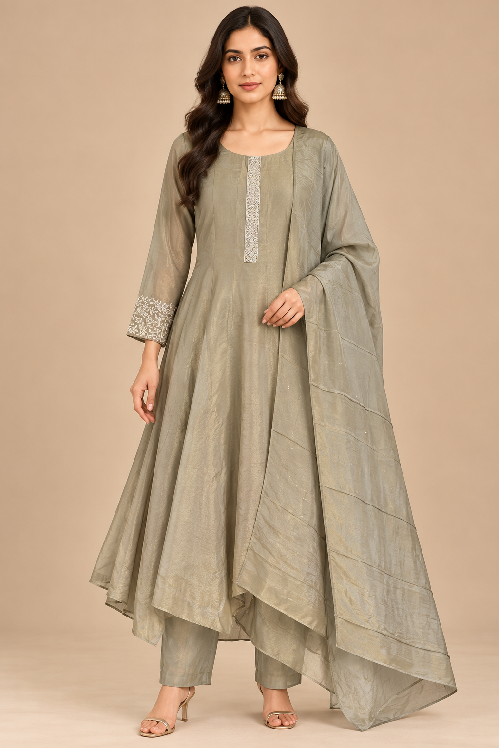 Olive Grey Embroidered Anarkali Suit with Dupatta for Women