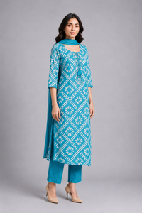 Sky Blue Printed Straight Kurta Pant Set with Dupatta