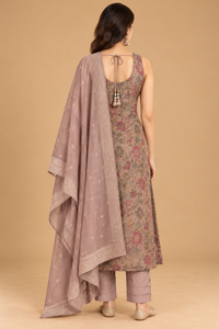 Taupe Beige Floral Printed Straight-Cut Kurta Set with Dupatta