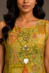 Olive Green Floral Printed Kurta Palazzo Set with Mirror Work