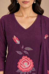Wine Purple Floral Embroidered Kurta Set with Dupatta
