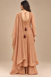 Peach Embroidered Anarkali Palazzo Suit Set with Dupatta