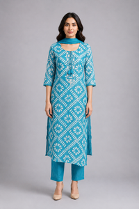 Sky Blue Printed Straight Kurta Pant Set with Dupatta