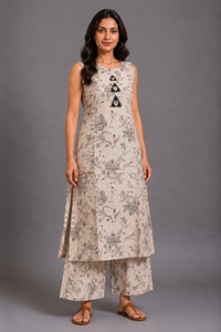 Beige Floral Print Kurta Palazzo Set with Embroidered Detail