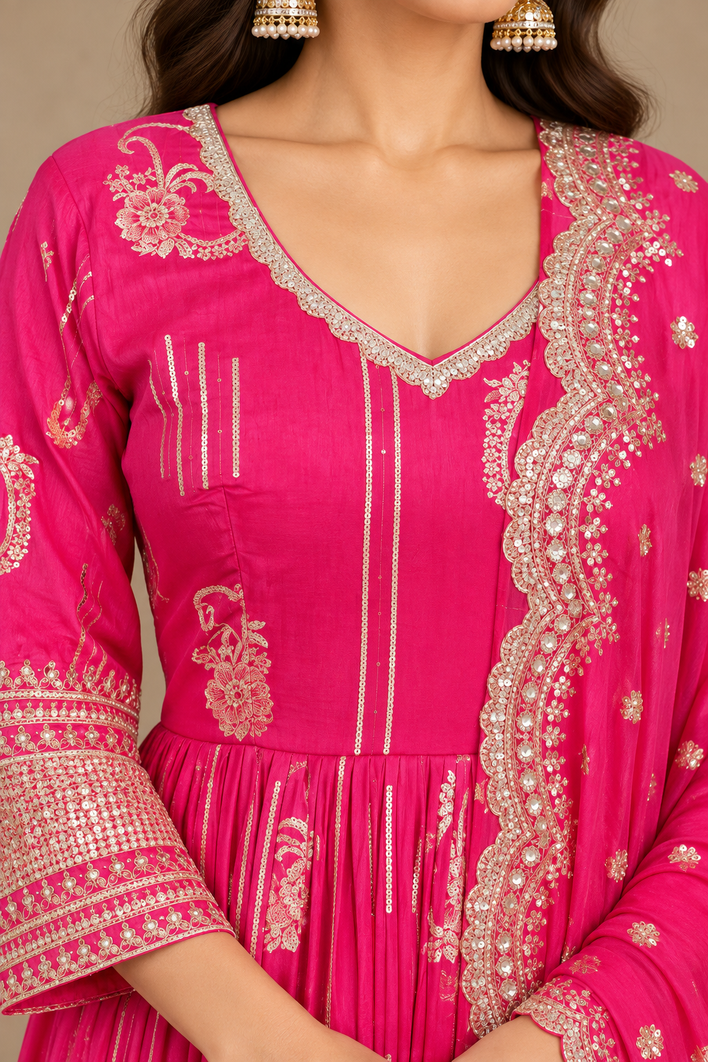 Rani Pink Silk Anarkali Set