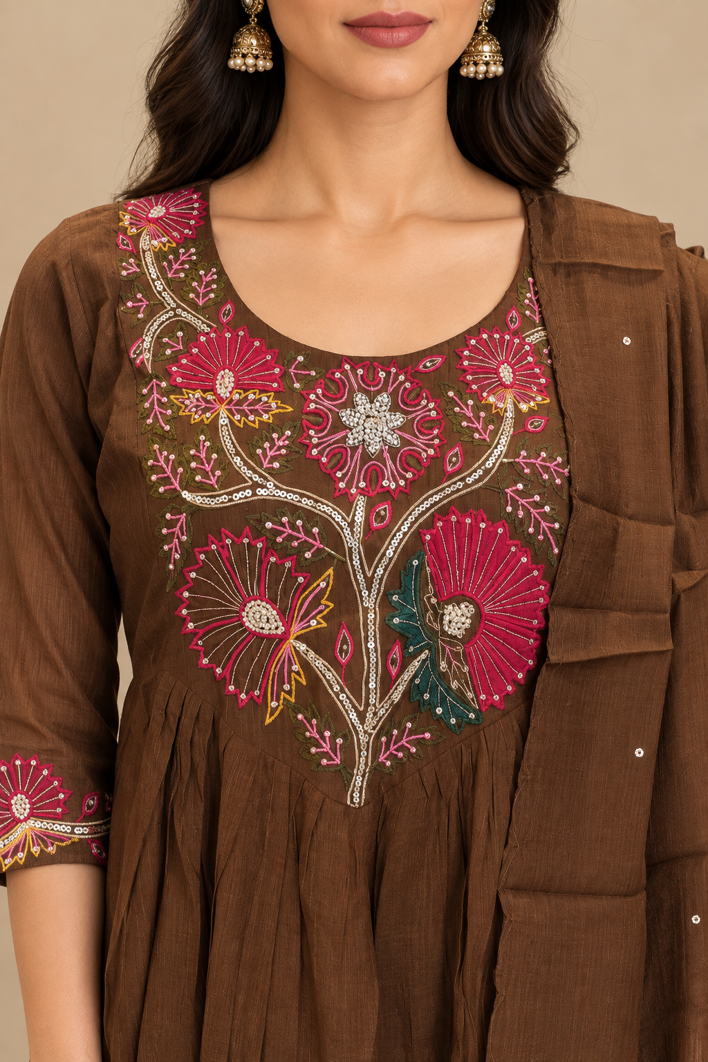 Brown Embroidered Anarkali Kurta Set with Dupatta