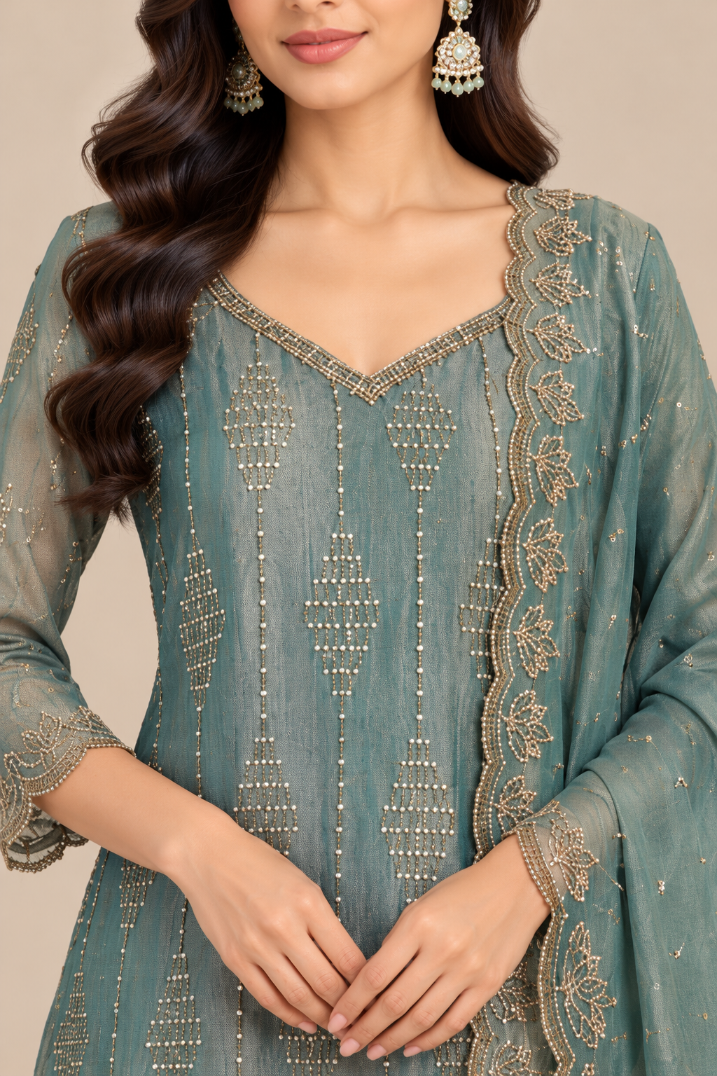 Sage Teal Embroidered Kurta Pant Set with Dupatta for Women