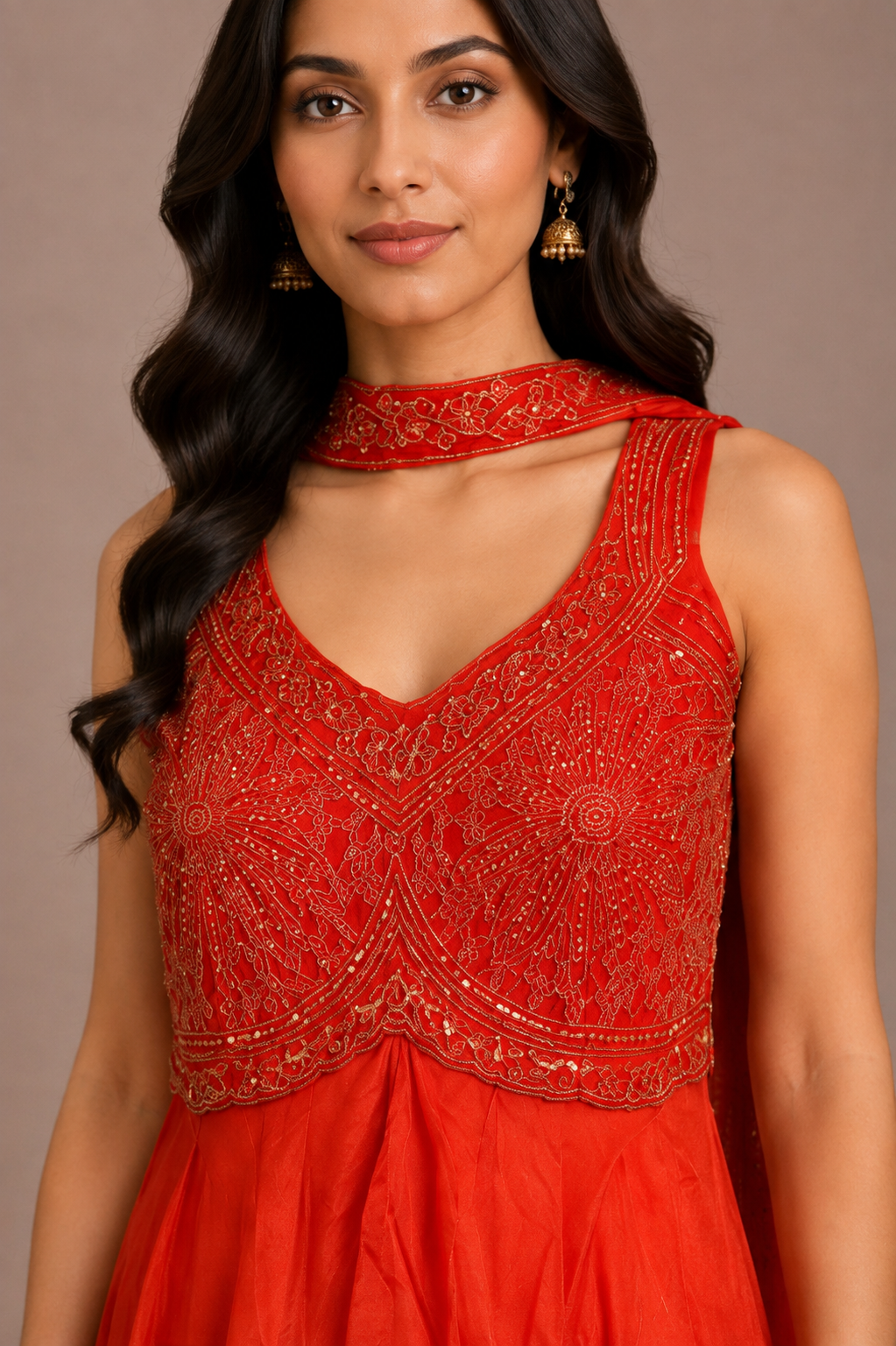 Vermilion Red Tissue Silk Embroidered Sharara Set