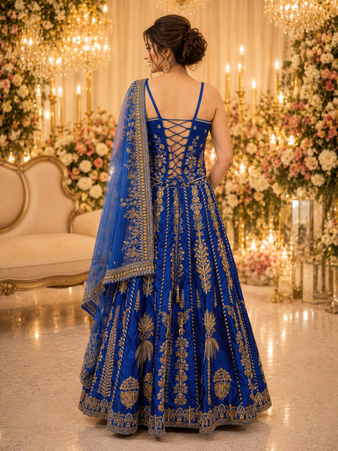 Royal Blue Raw Silk Corset Lehenga Set