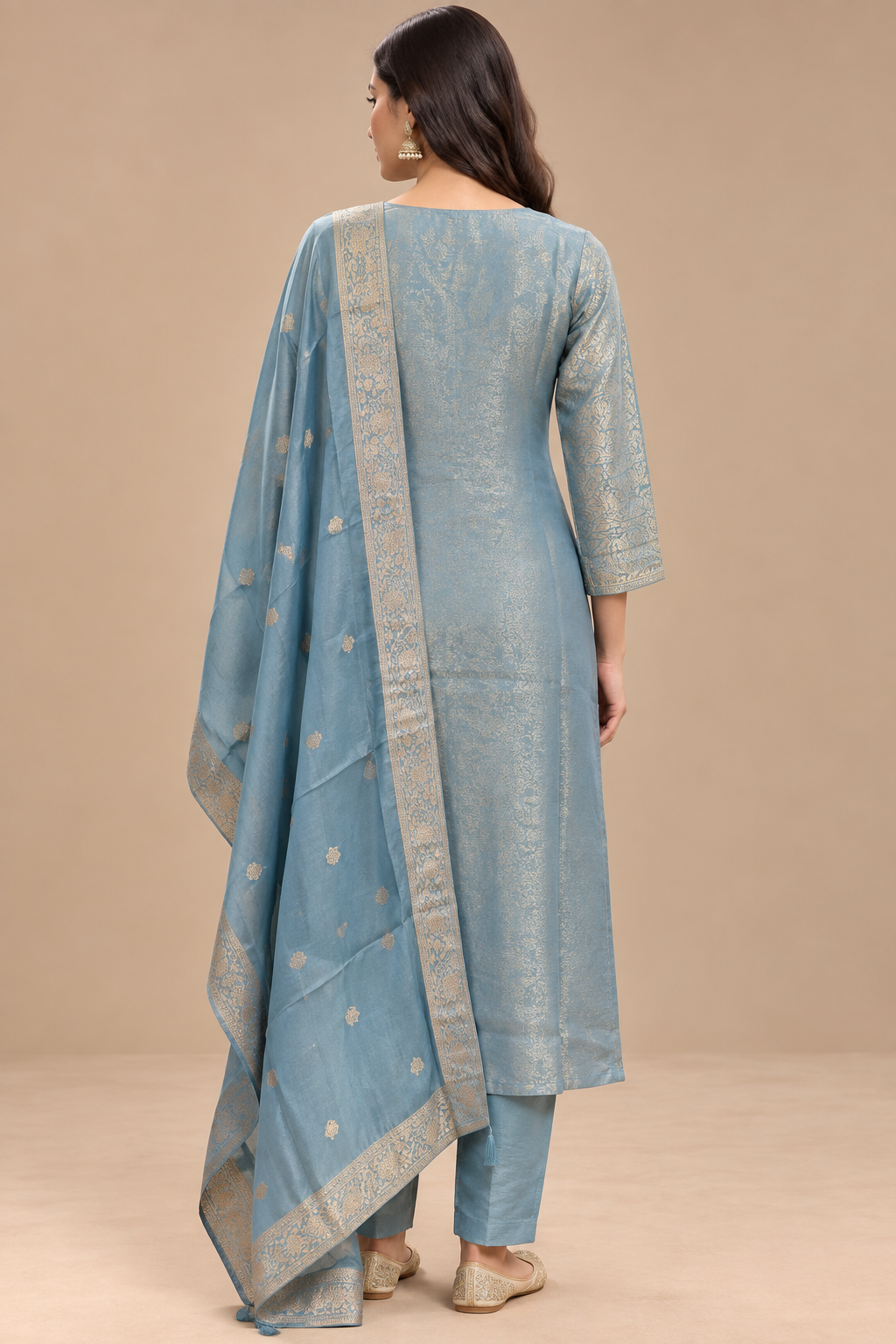 Powder Blue Embroidered Straight Kurta Pant Set with Dupatta