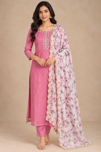 Pink Embroidered Kurta Set with Floral Printed Dupatta