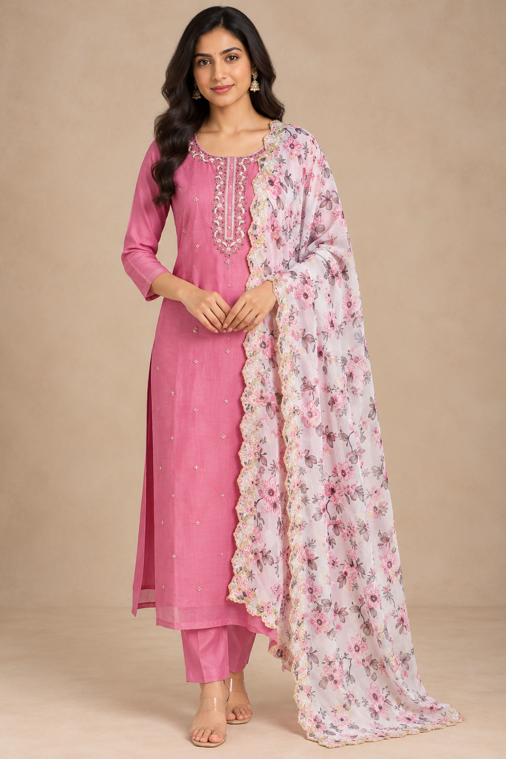 Pink Embroidered Kurta Set with Floral Printed Dupatta