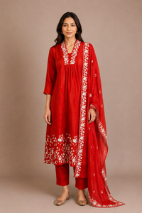 Scarlet Red Silk Embroidered Anarkali Suit Set
