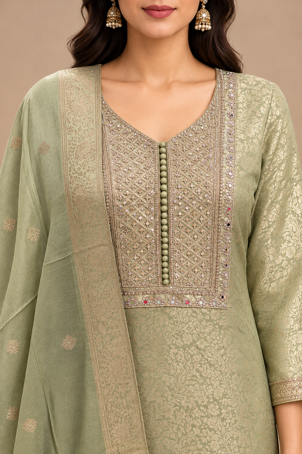 Pista Green Embroidered Straight Kurta Pant Set with Dupatta