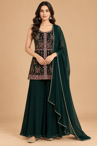 Emerald Green Embroidered Kurta Set with Flared Palazzo and Dupatta