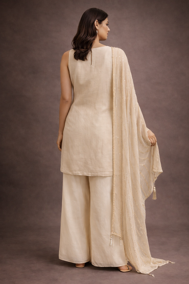 Elegant Ivory Embroidered Silk Kurta Palazzo Set with Dupatta for Women