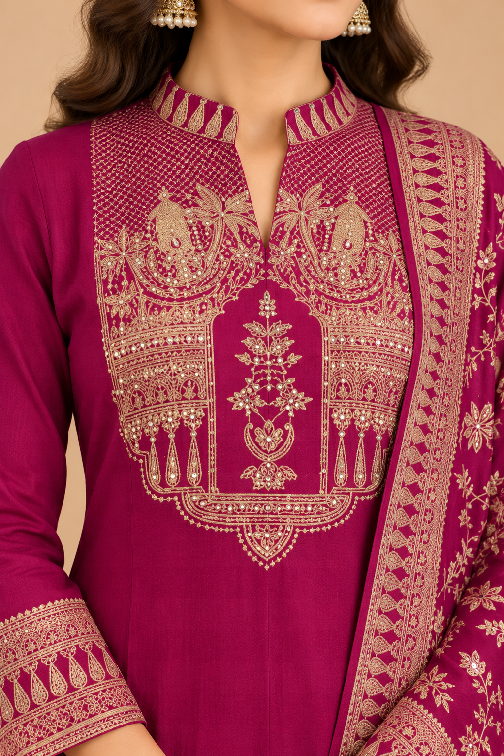 Magenta Embroidered Straight-Cut Salwar Suit Set with Floral Dupatta
