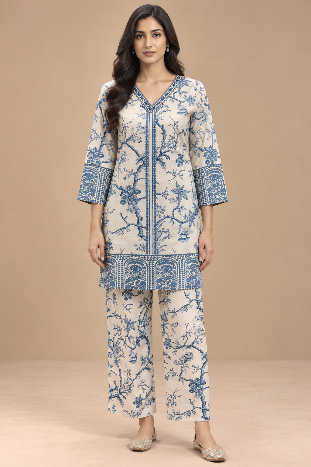 Ivory Blue Floral Printed Kurta Palazzo Set